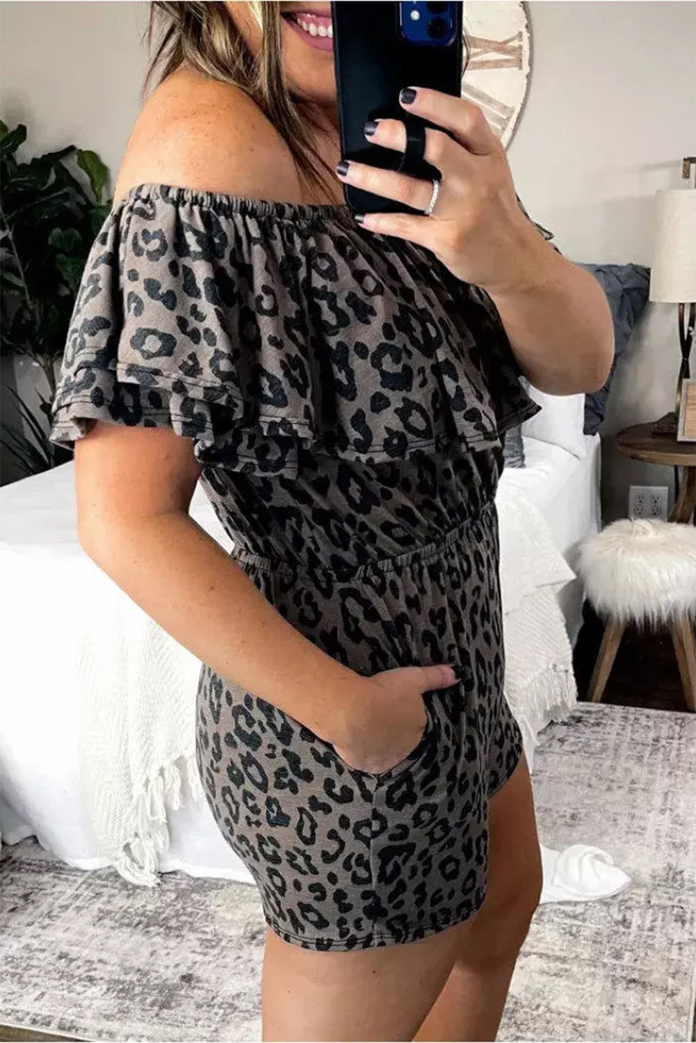 Leopard print off the shoulder romper